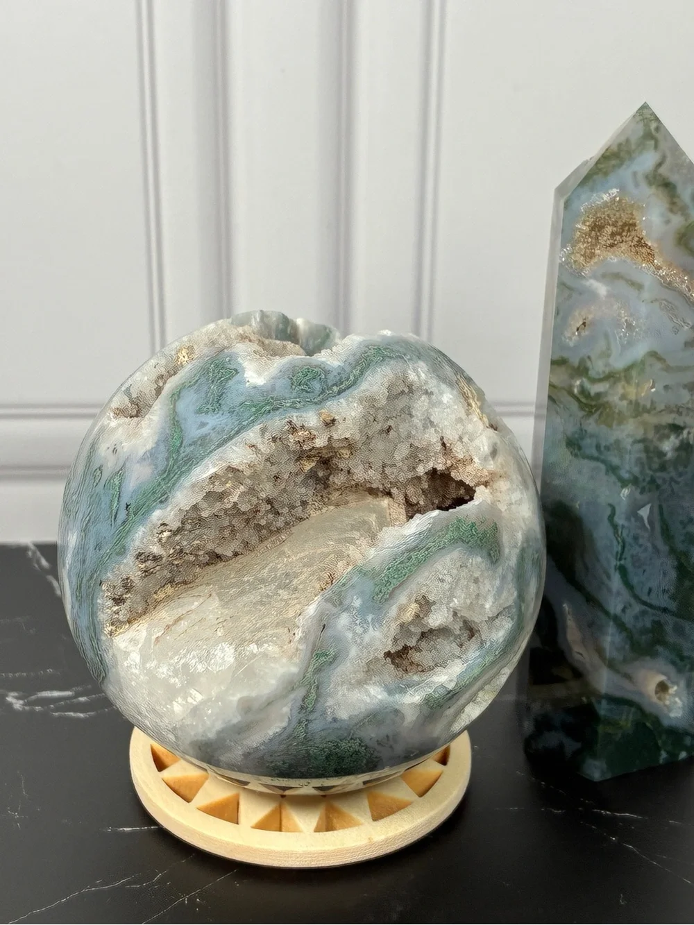 Emerald Dreamscape — Moss Agate Druzy Sphere & Tower Crystal Set